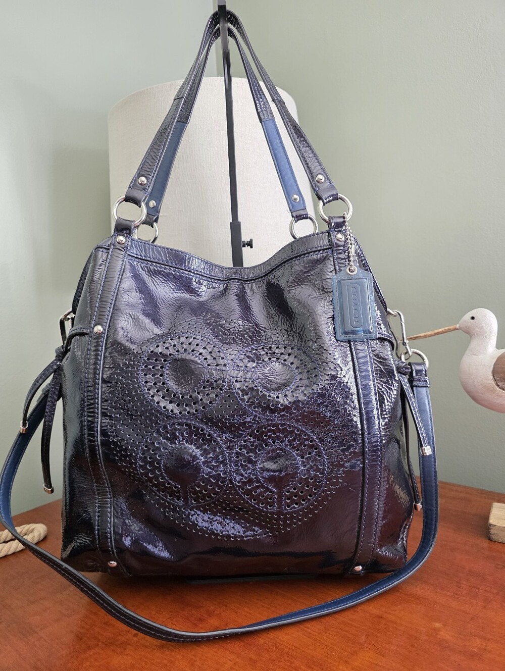 Coach 19569 Audrey Andie Navy Patent Leather Perforated Tote Bag Y2K